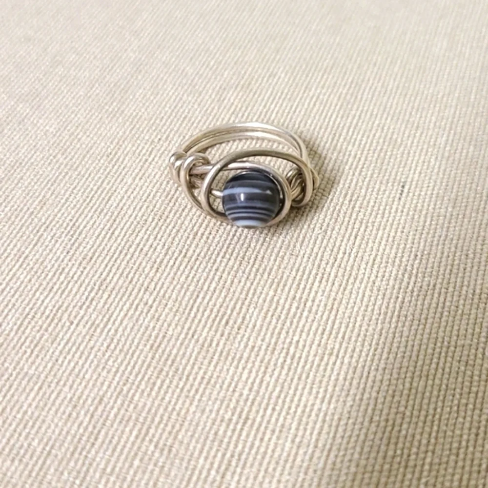 - Handmade Wire Ring with Black/Grey Stone Size 7